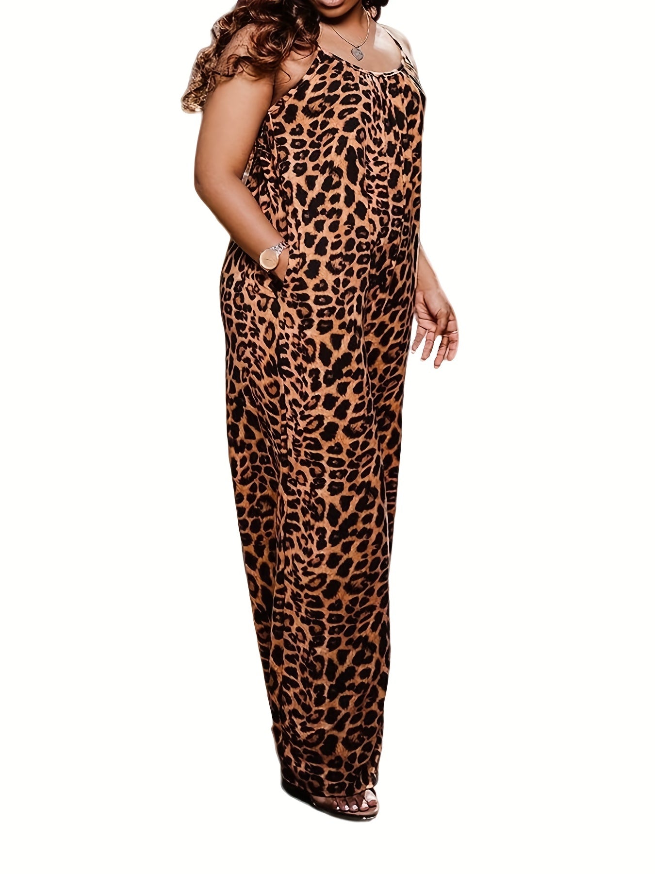 Women's Leopard Print Sleeveless Jumpsuit with Pockets, Stretchy Comfortable