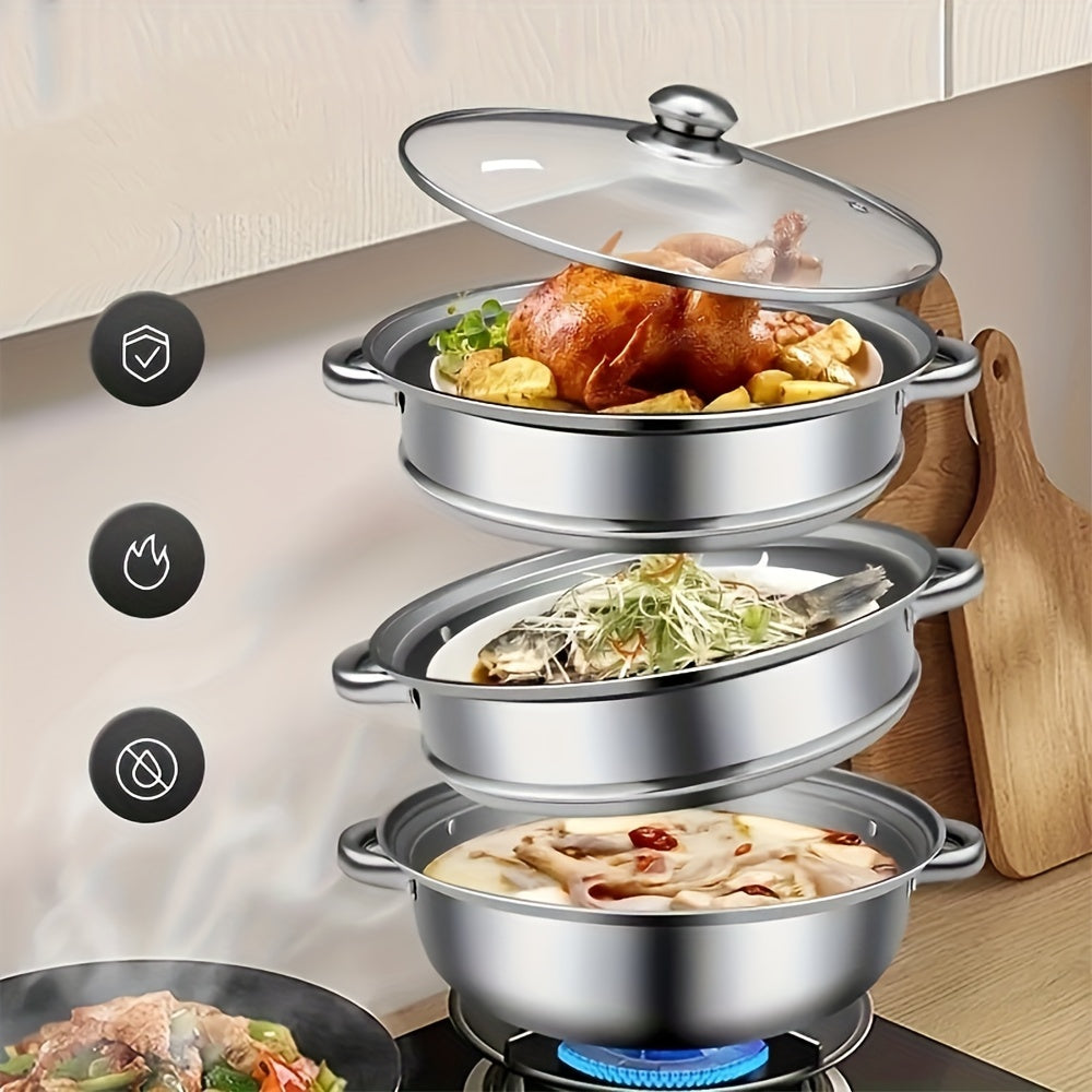 Stainless Steel Soup Steamer with Multiple Layers in Silver