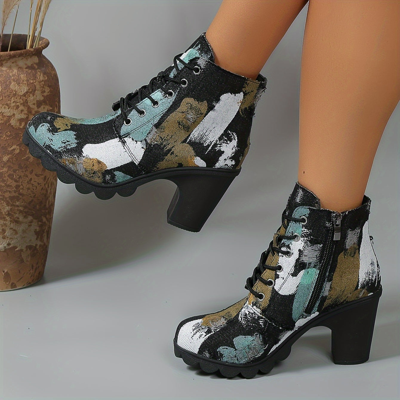 Women's Short Cowboy Boots Breathable Chunky Heel Leather Shoes