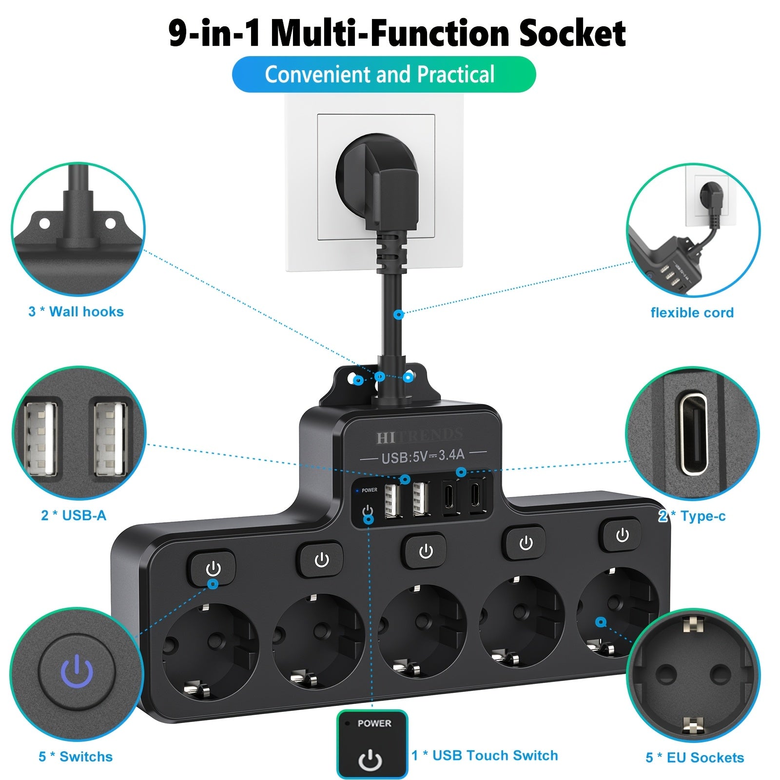 Power Strip with 5 EU Sockets and 4 USB Ports Wall-Mounted Smart Charging