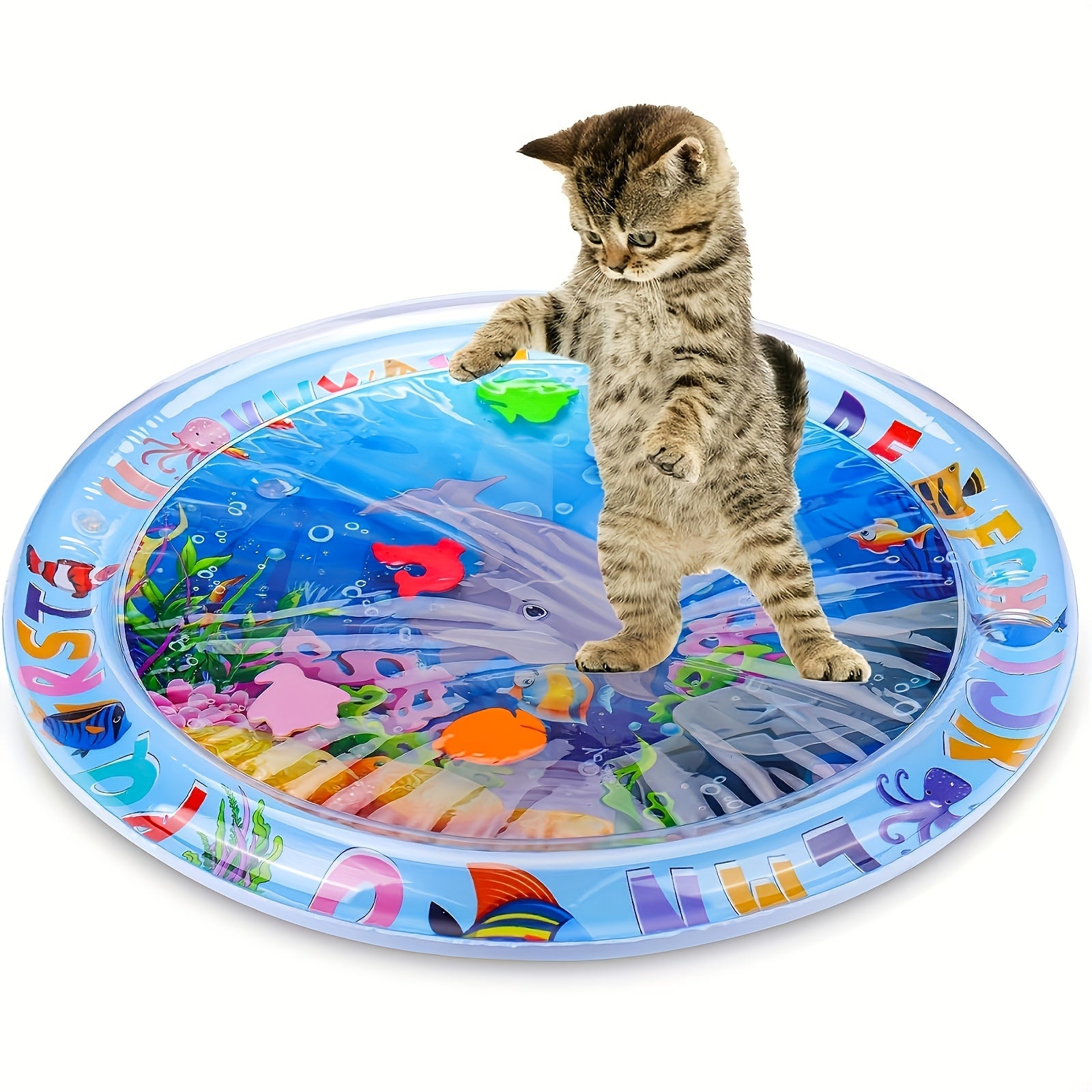 Water-Sensitive Cat Play Mat with Floating Fish Design Splash-Proof PVC Indoor Toy