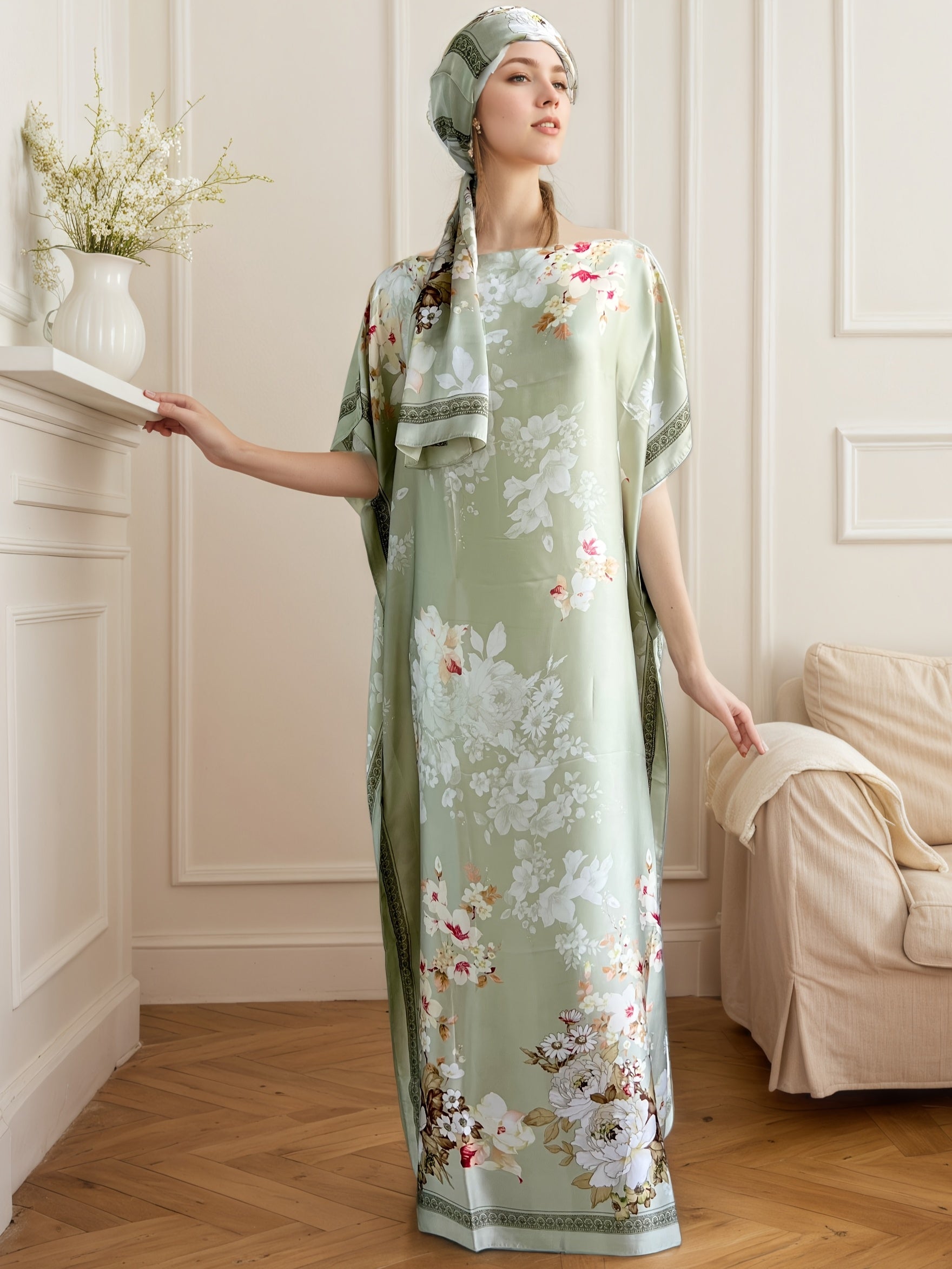 Plus Size Women's Maxi Dress Turkish Kaftan Floral Print Batwing Sleeve Casual Party Wedding