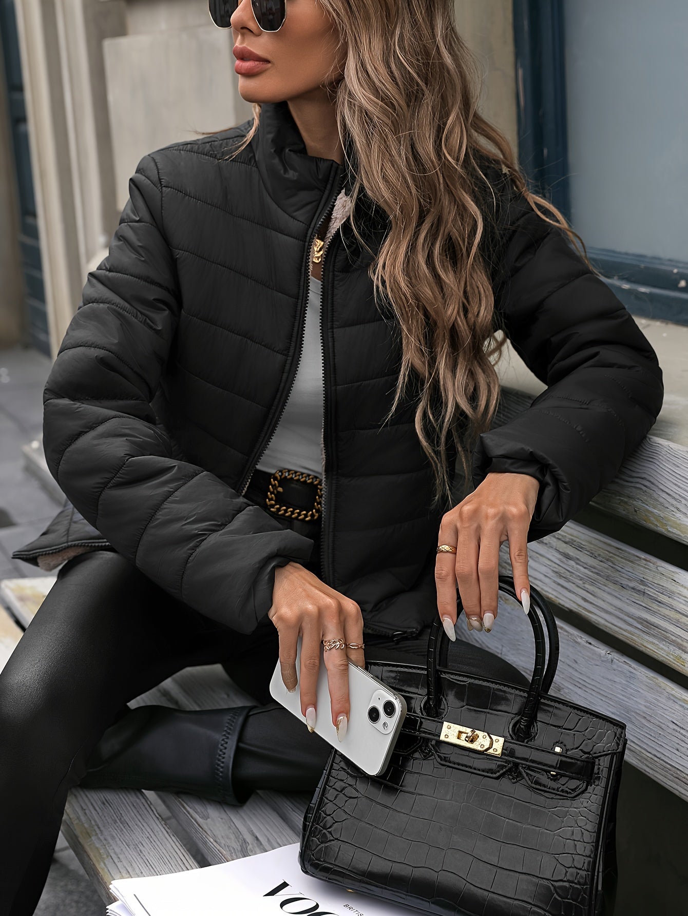 Women's Solid Color Nylon Warm Jacket with Long Sleeves and Zipper