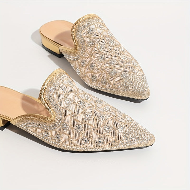 Women's Metallic Rhinestone Pointed Toe Chunky Heel Mules Shoes