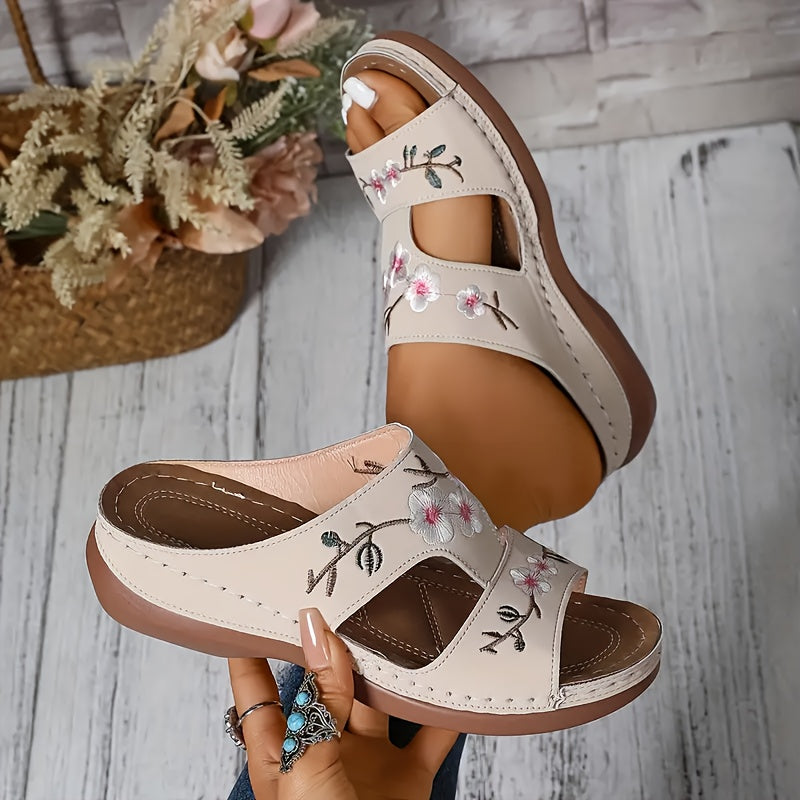Women's Floral Embroidered Slip-On Sandals Open-Toe Summer Shoes with Rubber Sole