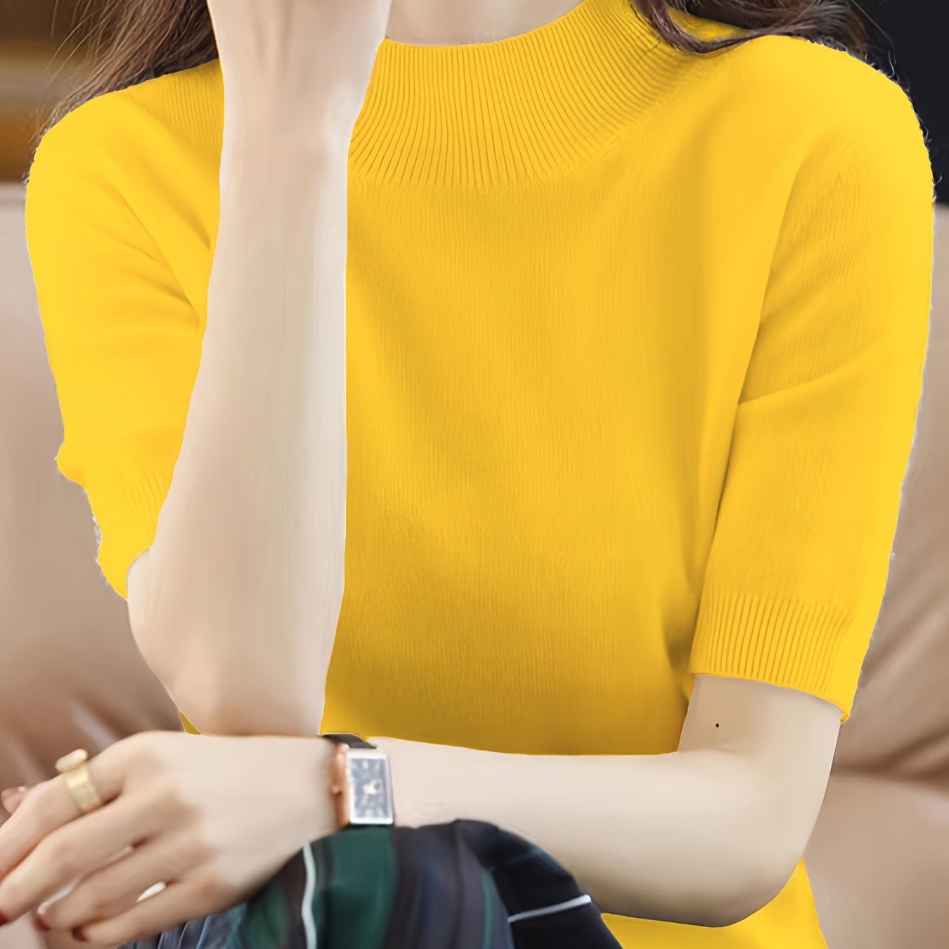 Suéter de punto para mujer con cuello alto de canalé, color sólido, para todas las estaciones