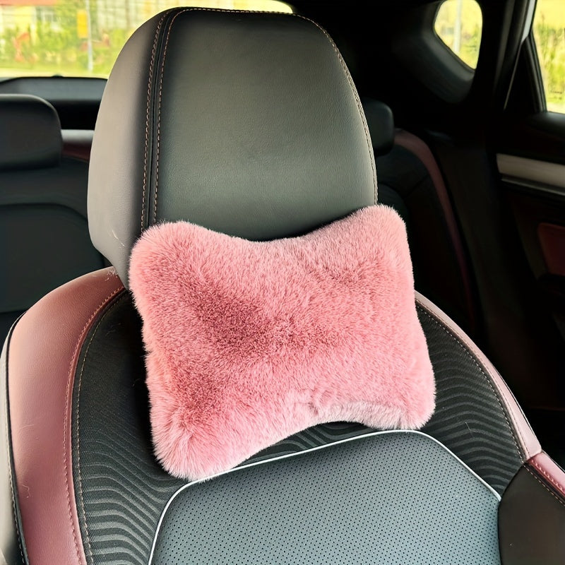 Car Headrest and Lumbar Pillow Pink Plush All-Season Neck and Lower Back Support
