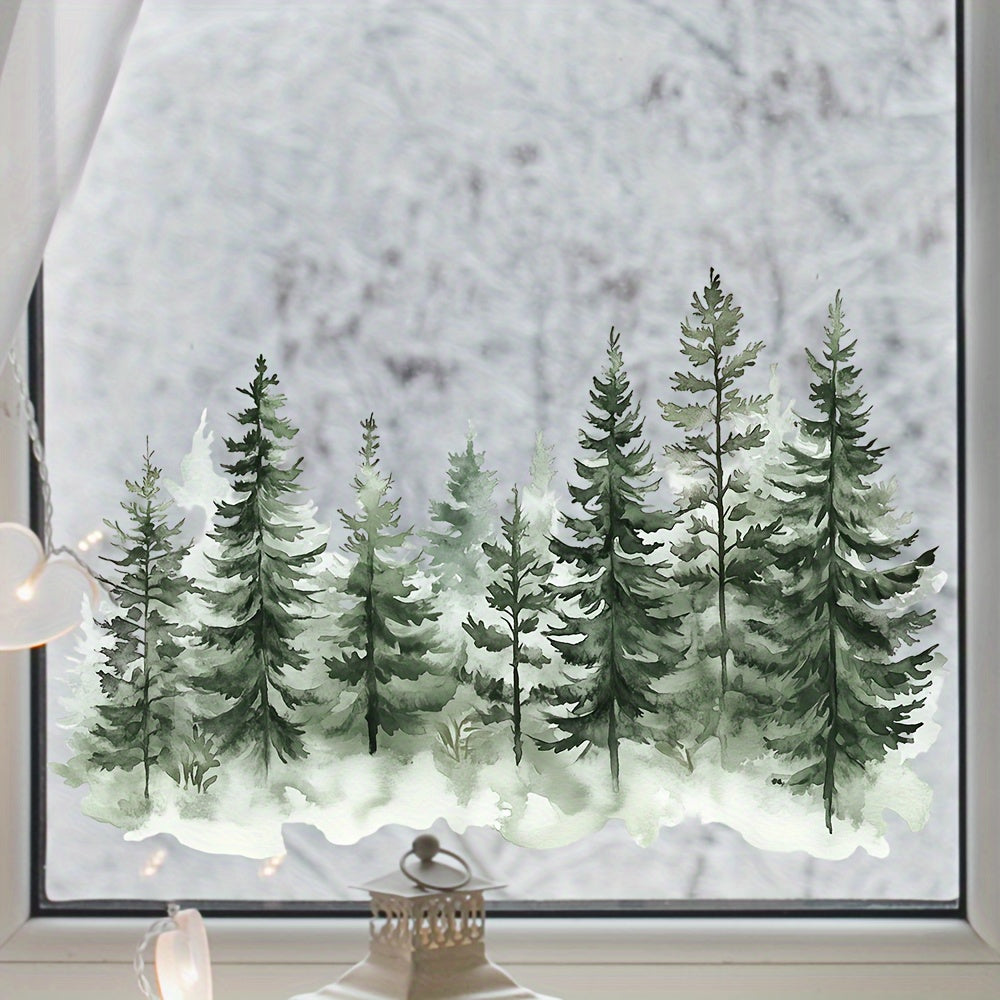 Winter Trees Christmas Window Cling Decor Watercolor Snowflake Stickers
