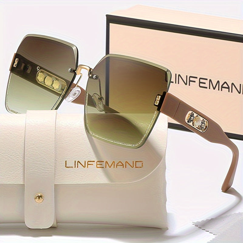 Frameless Gradient Fashion Eyeglasses with Pearl Flower Decoration for Men Women PC Lens Plastic Frame