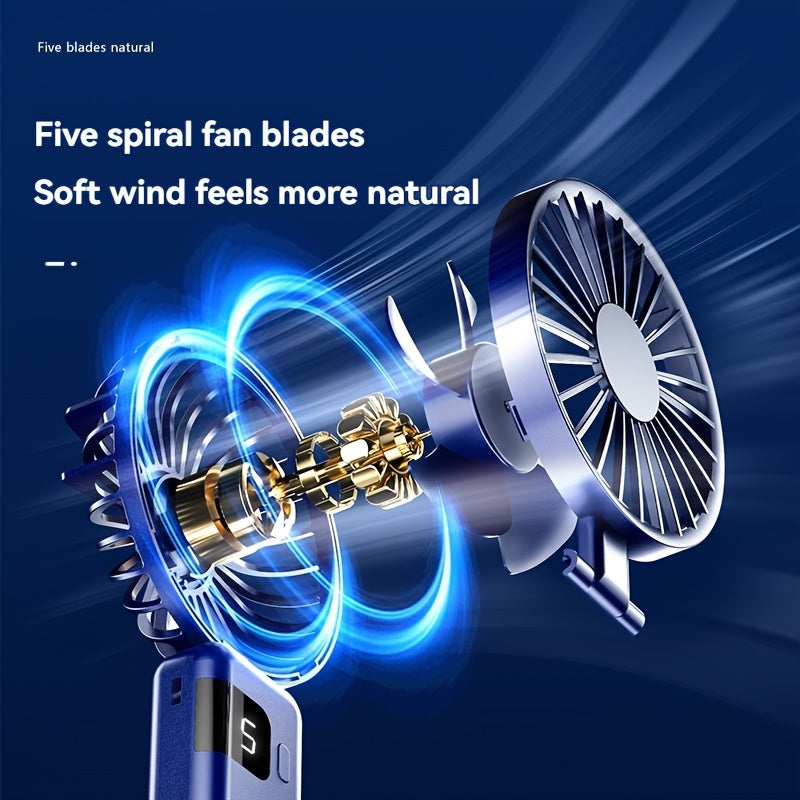 Portable Handheld Fan with LED Display, 5-Speed, Foldable, USB Rechargeable