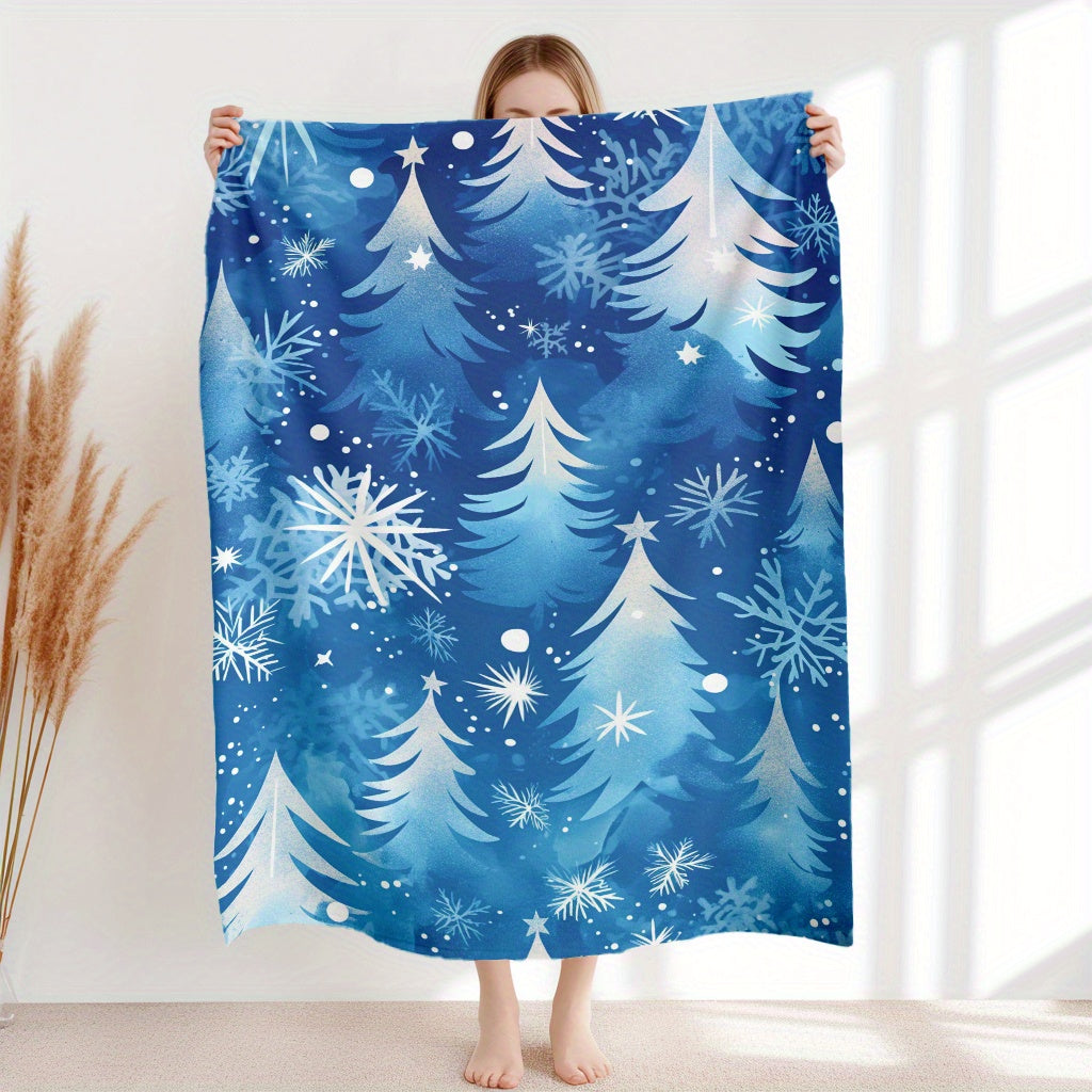 Blue Snowflake and Pine Tree Flannel Blanket Lightweight Plush Cozy for Winter
