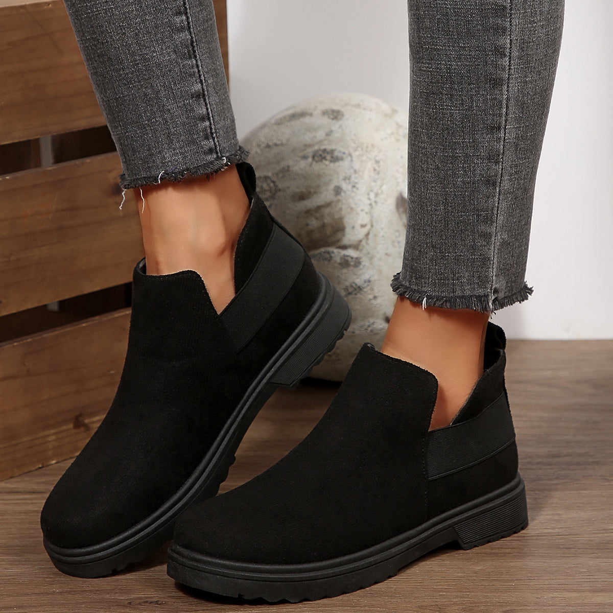 Women's Black Ankle Boots with Elastic Panel Round Toe All-Season Comfort