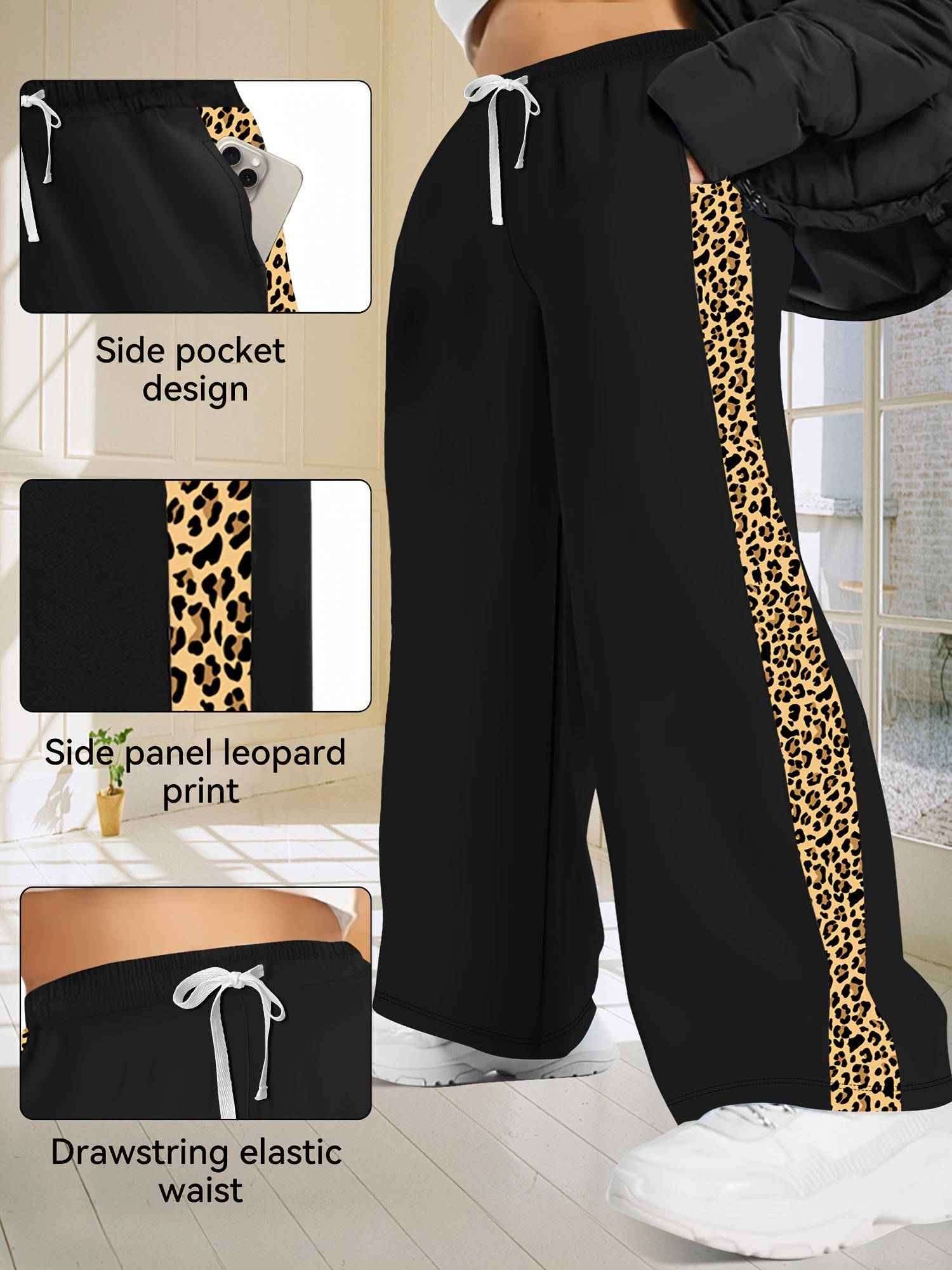 Plus Size Leopard Print Wide Leg Pants with Drawstring and Pockets