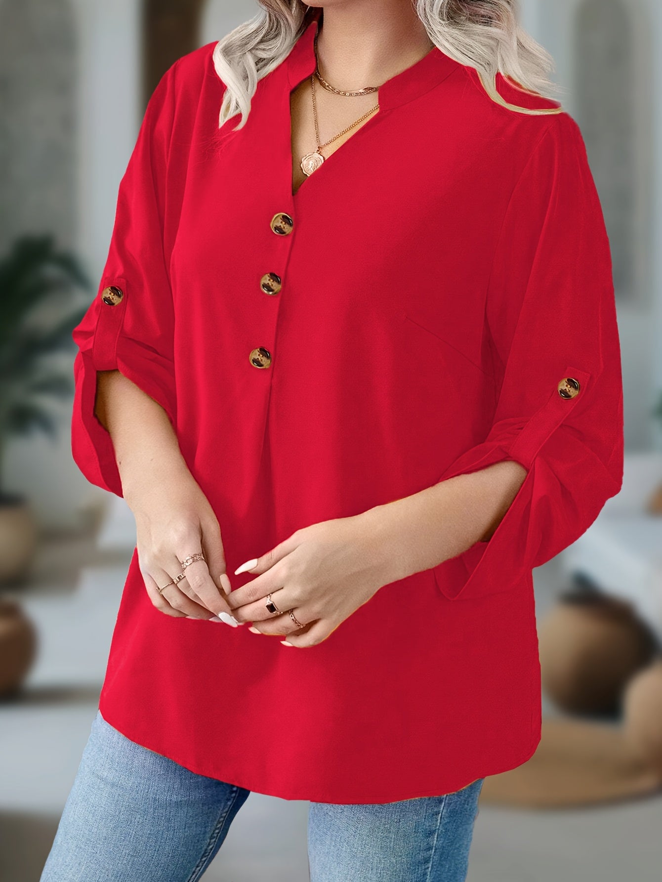 Plus o'lcham ayollar uchun V-yuqa kofta uzun qollik nafis to'liq rangli kundalik rasmiy