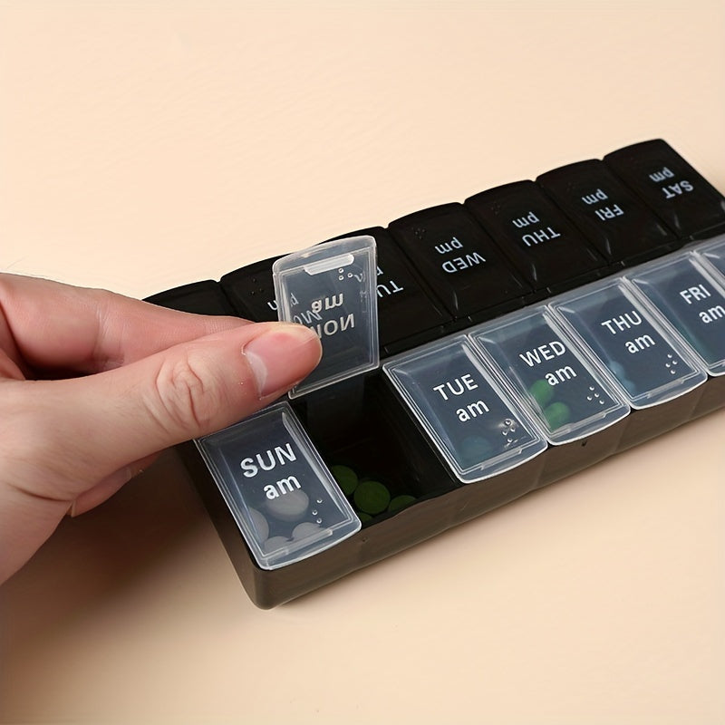Компактный органайзер для таблеток с 14 отделениями и шрифтом Брайля для ежедневных витаминов и лекарств, черный и прозрачный