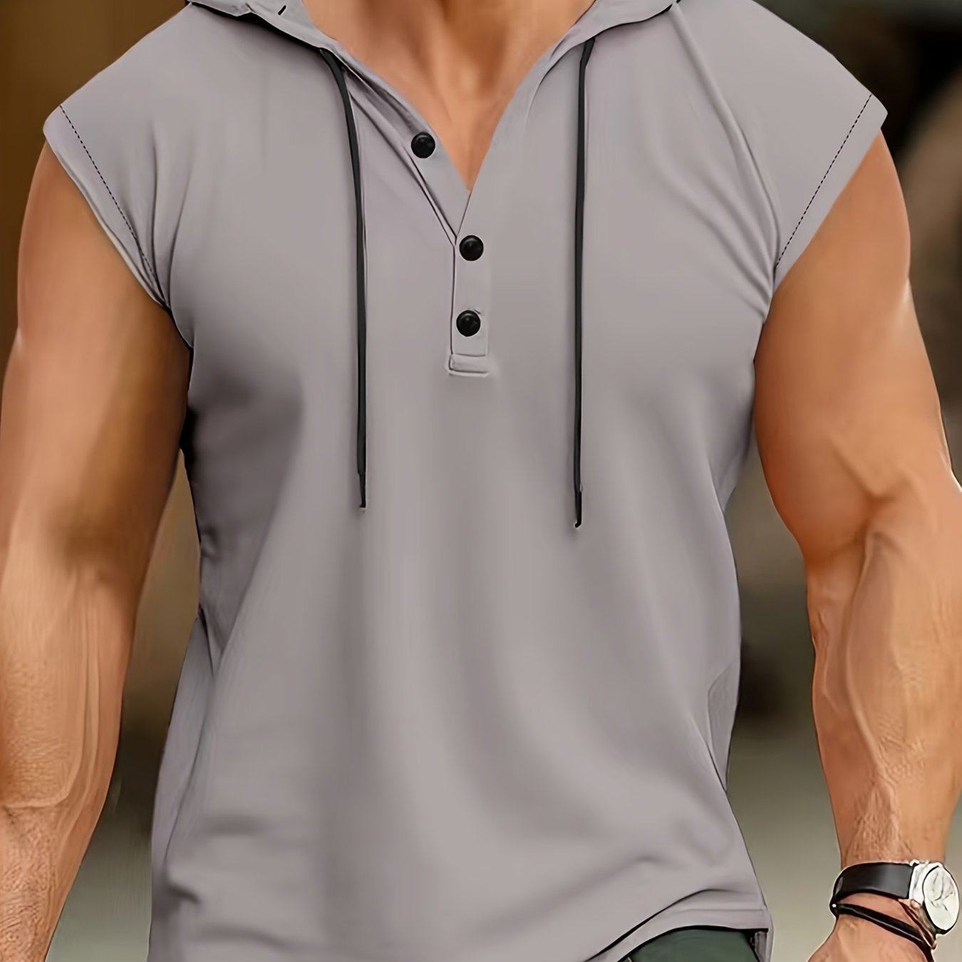 Men's Sleeveless Hooded Henley Shirt Polyester Summer Casual Sport Breathable Button-Detail