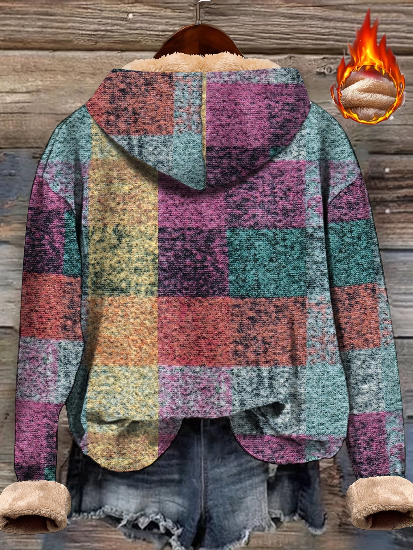 Plus Size Women Fleece-Lined Geometric Color Block Hoodie Long Sleeve Winter