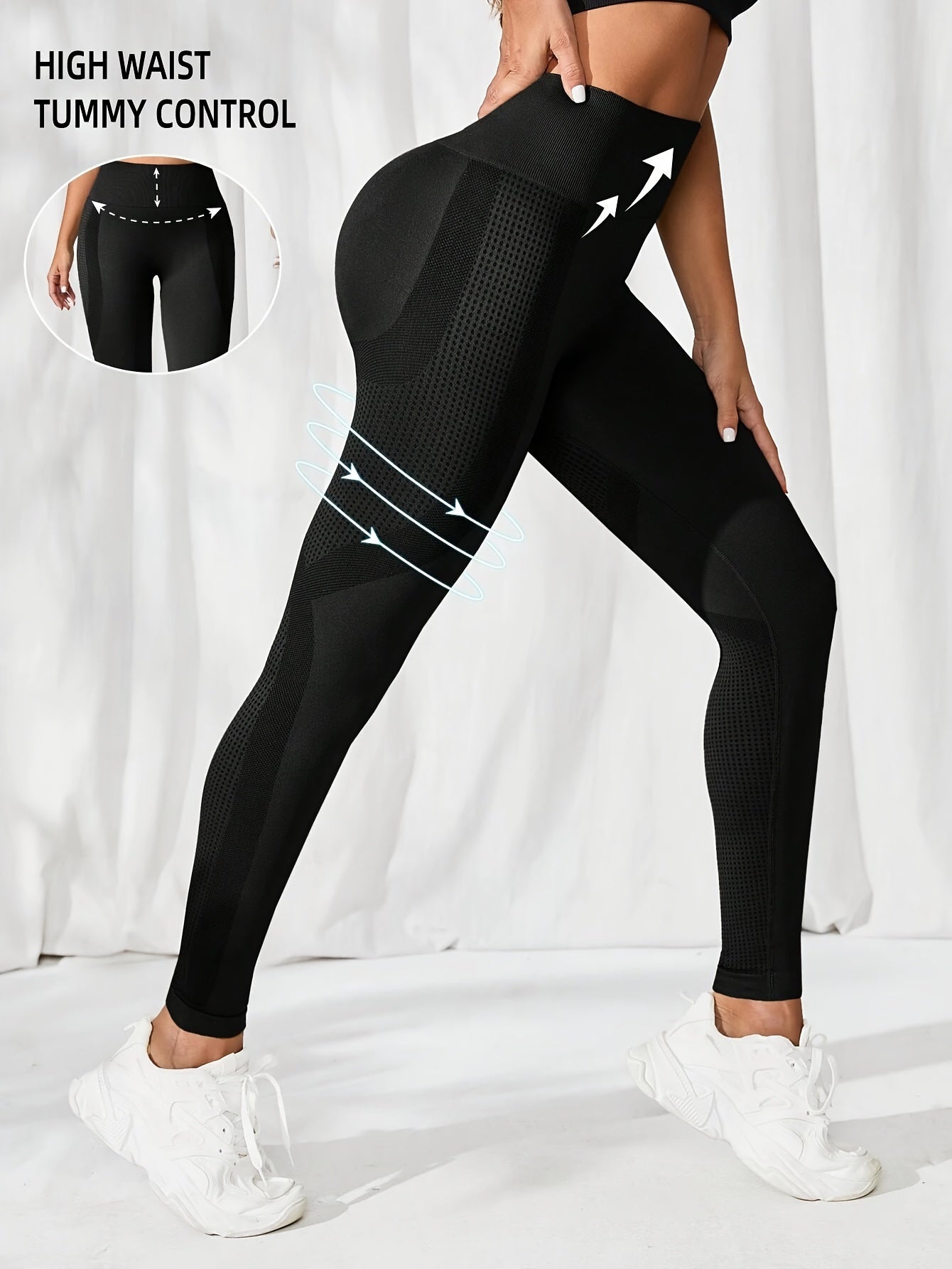 Women's High-Elasticity Pleated Yoga Leggings with Abdominal Control in Solid Colors