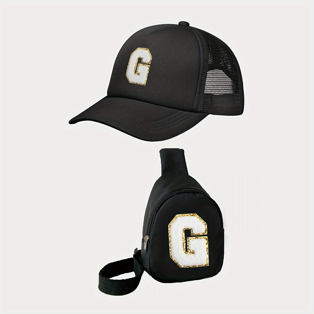 Children's Alphabet Baseball Cap and Shoulder Bag Set for Kids 3-14 Polyester Black