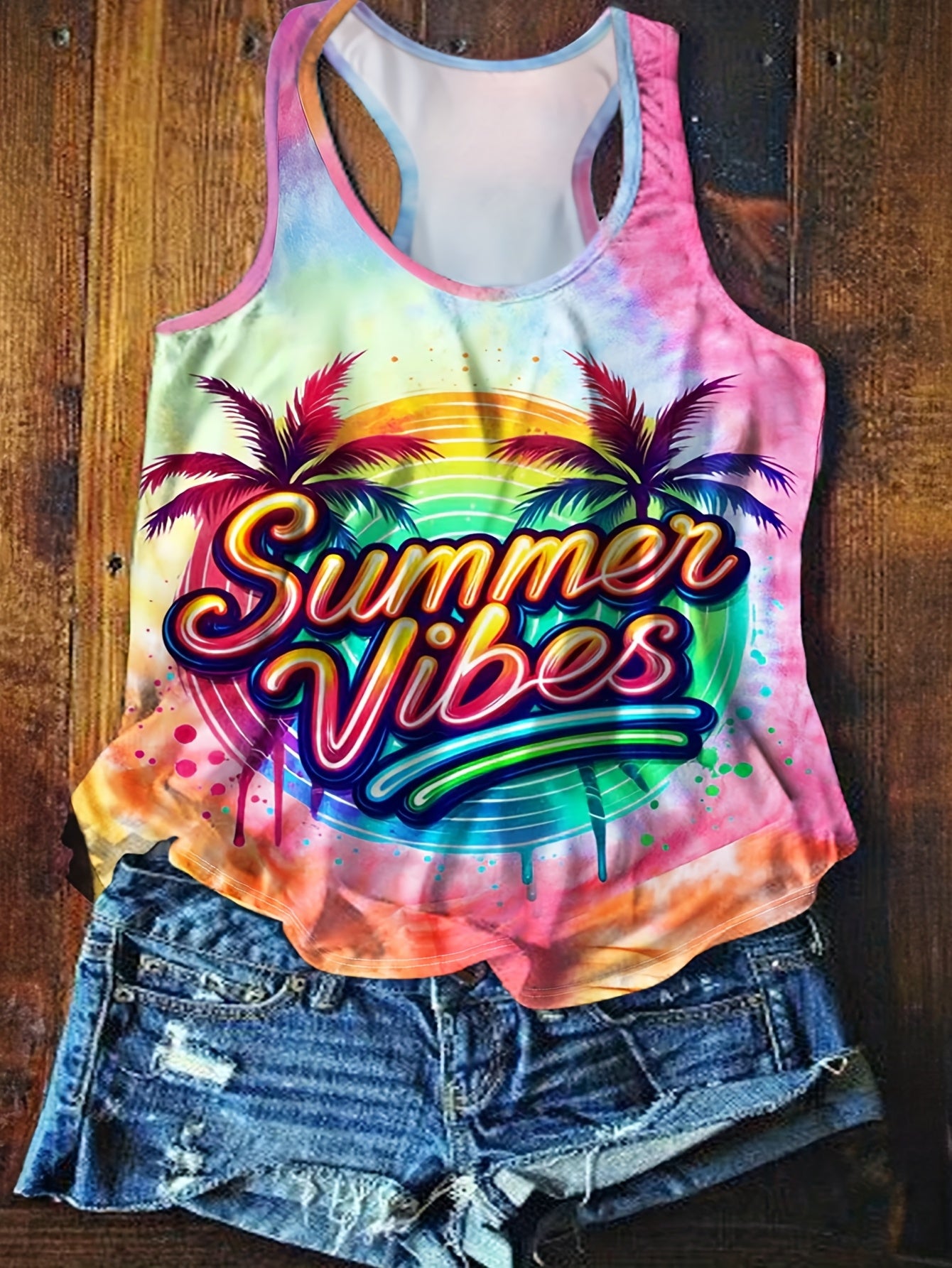 Топ женский летний с графическим принтом Plus Size, стиль casual, с эффектом tie-dye, для пляжного отдыха и отпуска