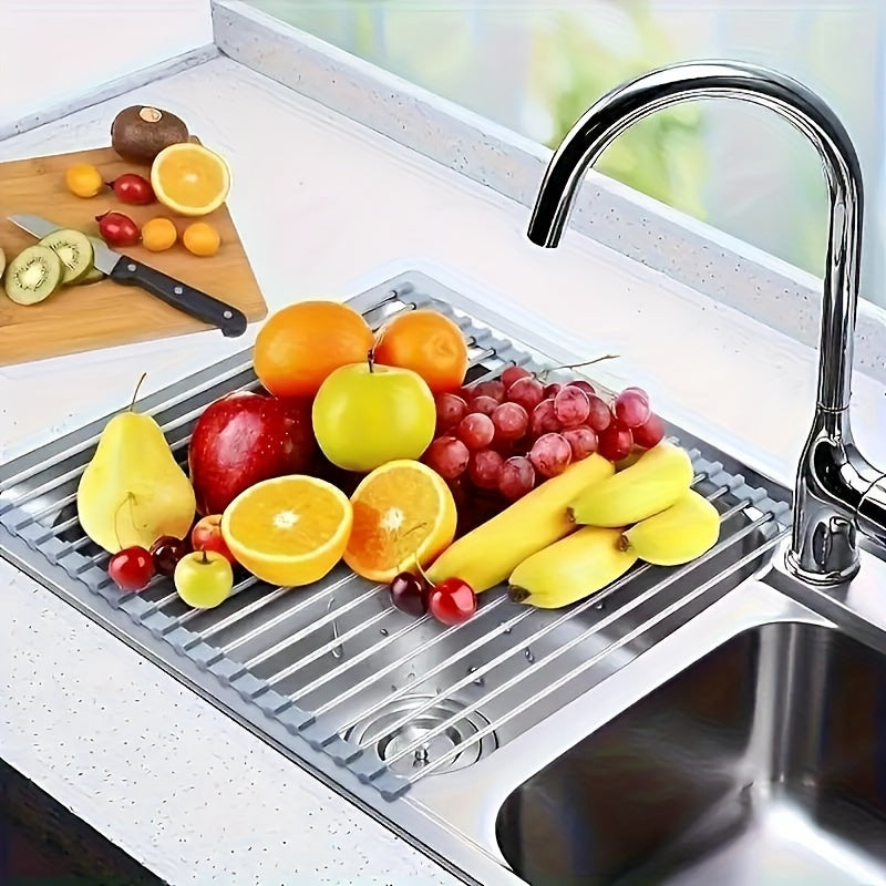 Stainless Steel Roll-Up Dish Drying Rack for Sink, Foldable Kitchen Utility Storage
