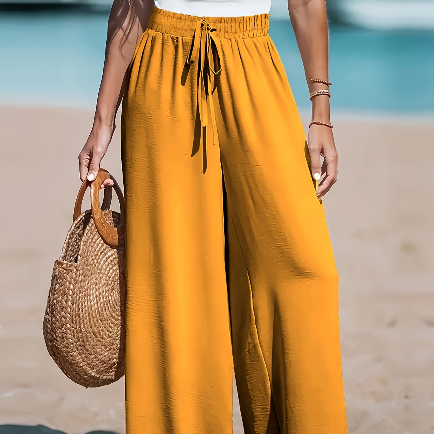 Women's Wide Leg Pants with Drawstring Solid Color Polyester Blend Fall Trousers