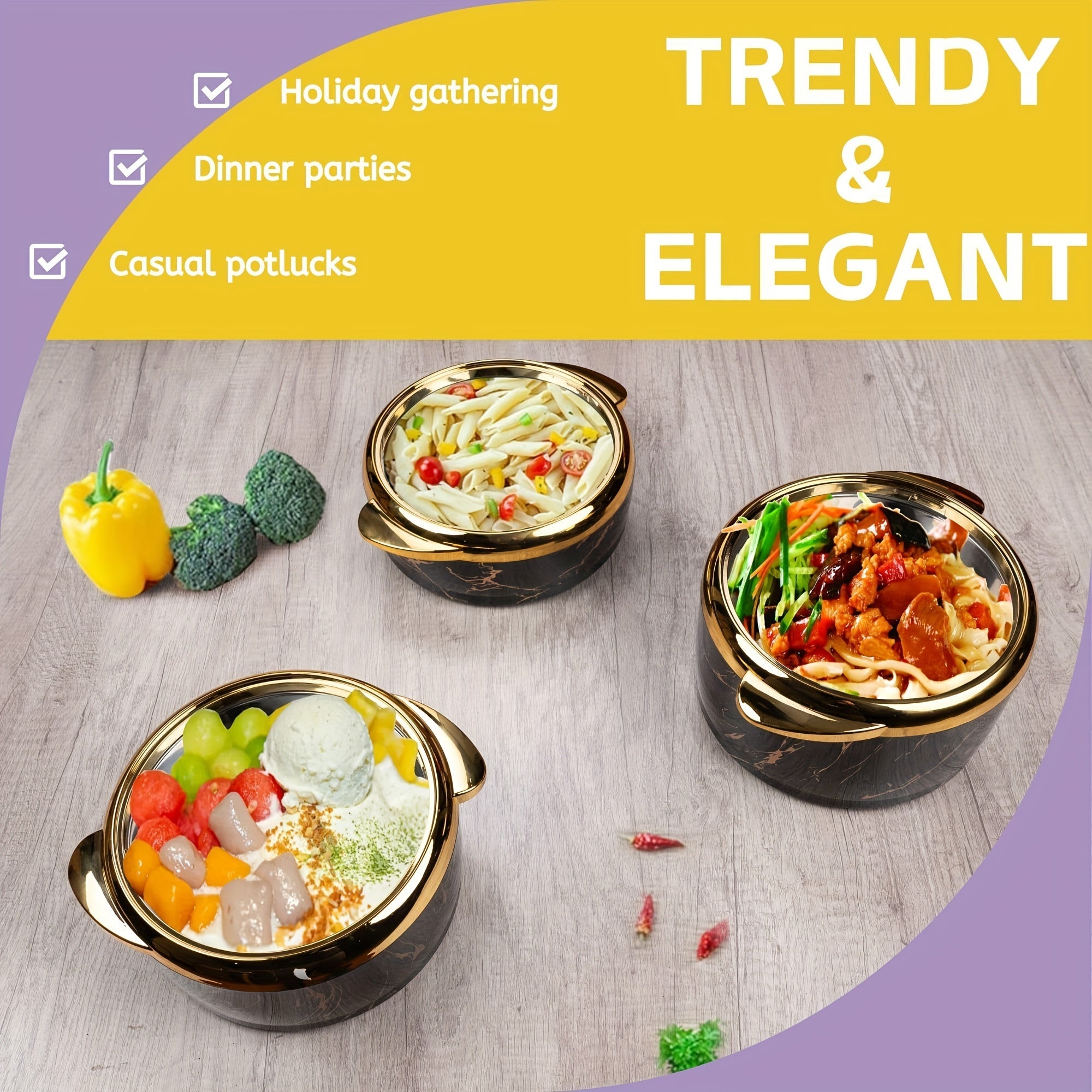 Stainless steel konstruktsiyali va qopqog'li 3 ta termal kaserollardan iborat to'plam - Ovqatni issiq va sovuq saqlash uchun izolyatsiya qiladi, bufetlar yoki ofis stolida xizmat qilish uchun ideal. Taomlarni issiq va yangi saqlash uchun mukammal.