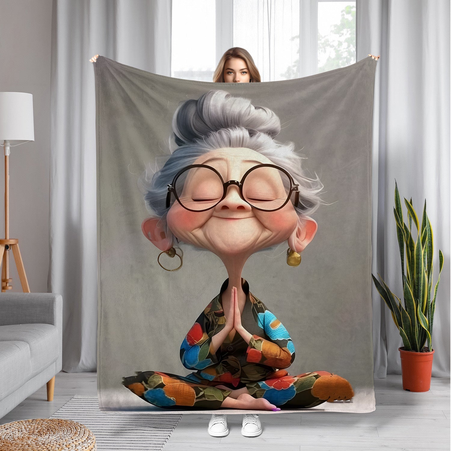 Meditating Grandma Fleece Blanket Soft Warm Cozy for Nap Travel Camping Sofa Bed Office Decor