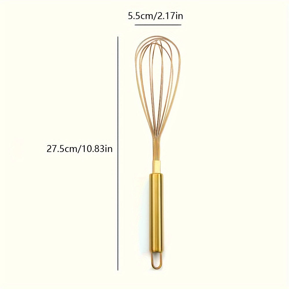 Golden Stainless Steel Egg Whisk - bu ko‘p qirrali pishirish asbobi bo‘lib, non-stick idishlarda pishirish uchun ideal. Bu issiqlikka chidamli oshxona chakka aralashtirish, aylantirish, ko‘paytirish va ovqatni aralashtirish uchun ishlatiladi.
