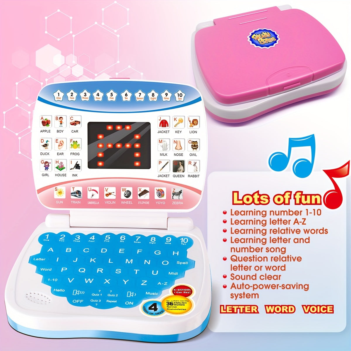 Mini Educational Laptop Toy for Kids 3+ with Letters Numbers and Music White Blue Pink