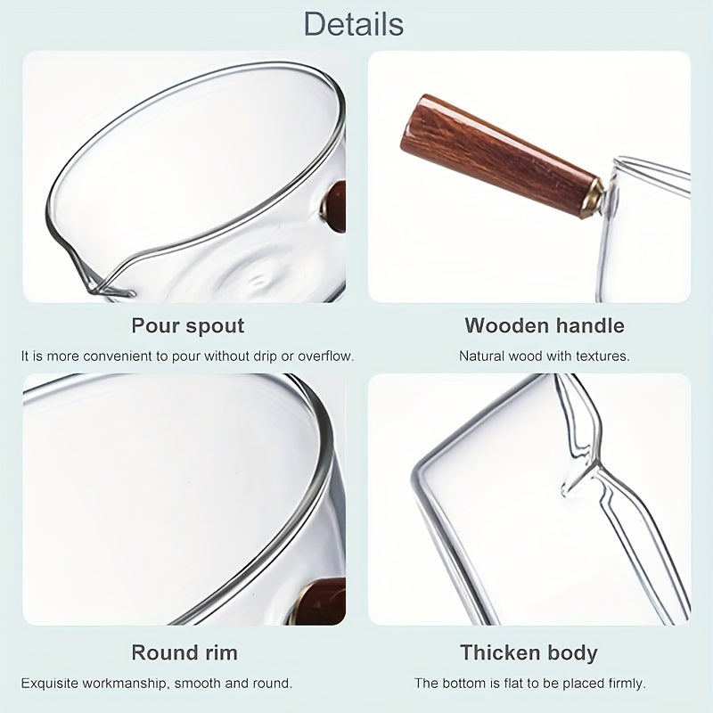 Qizil yog'och tutqichli shisha sut qozoni, yopishmaydigan qopqog' bilan, 450ml yoki 650ml