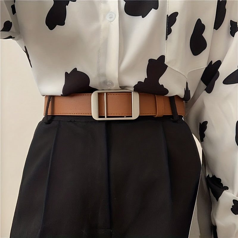 Unisex PU Leather Belt Square Buckle No Holes for Jeans Waistband Solid Colors