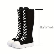Women's Black Knee-High Lace-Up Leather Boots with Zippers