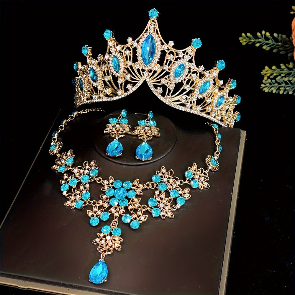 3-Piece Bridal Jewelry Set Tiara Necklace Earrings for Wedding and Photos