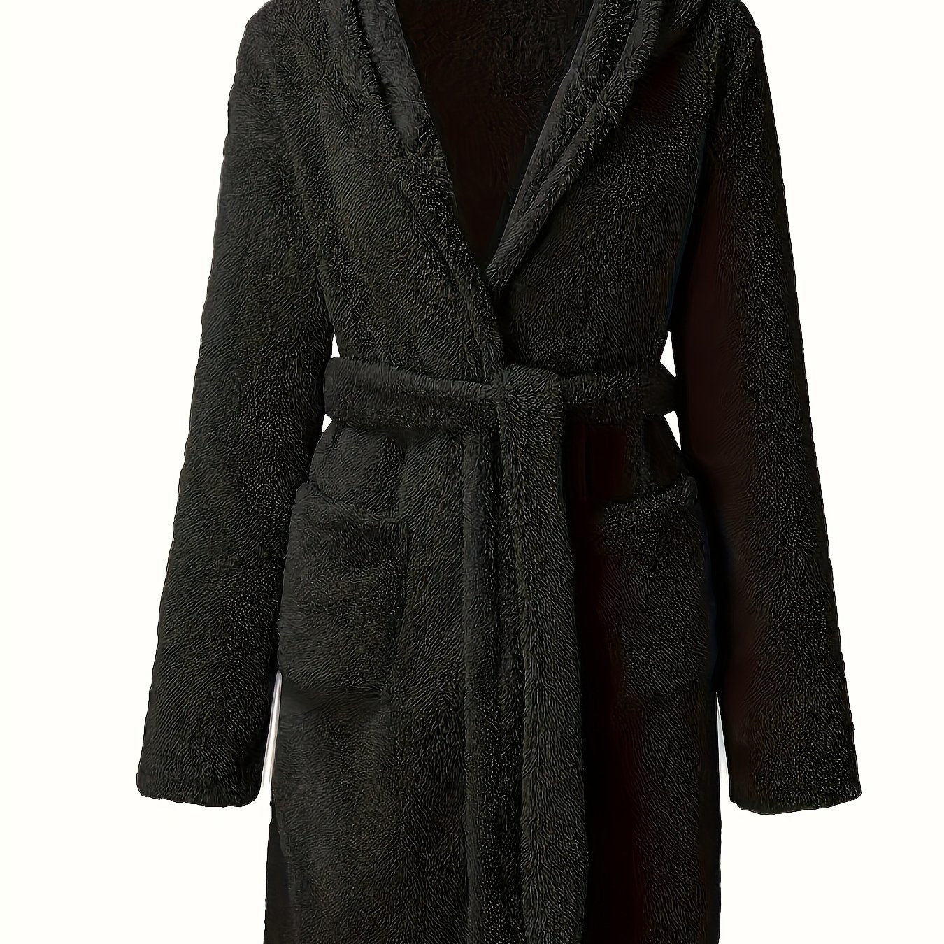 Мужской тёмно-коричневый флисовый халат с капюшоном, карманами и V-образным вырезом