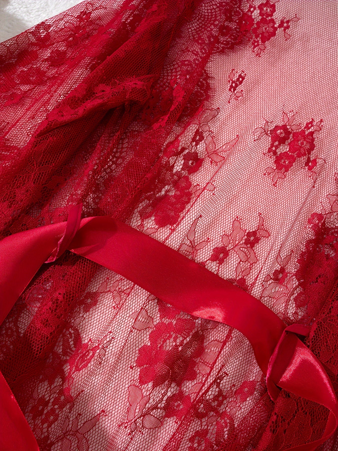 Red Lace Nightgown for Women with Tie Belt and Long Sleeves