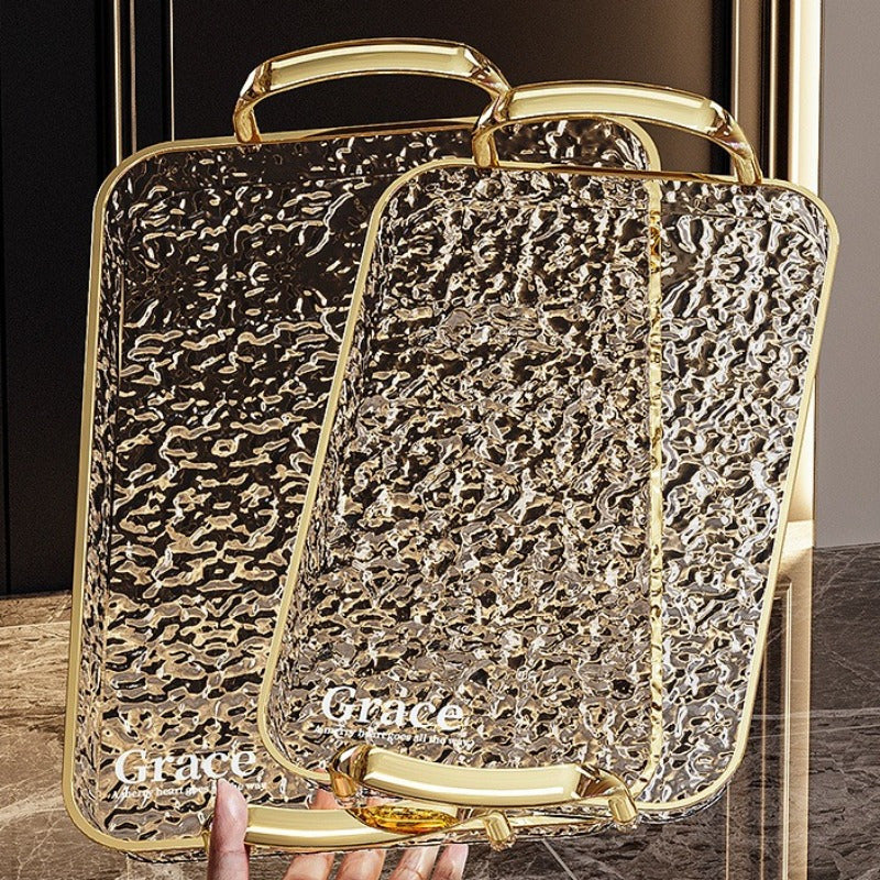 Golden Rimmed Rectangular Serving Trays Set Large Transparent Plastic with Handles for Fruits Snacks Pastries