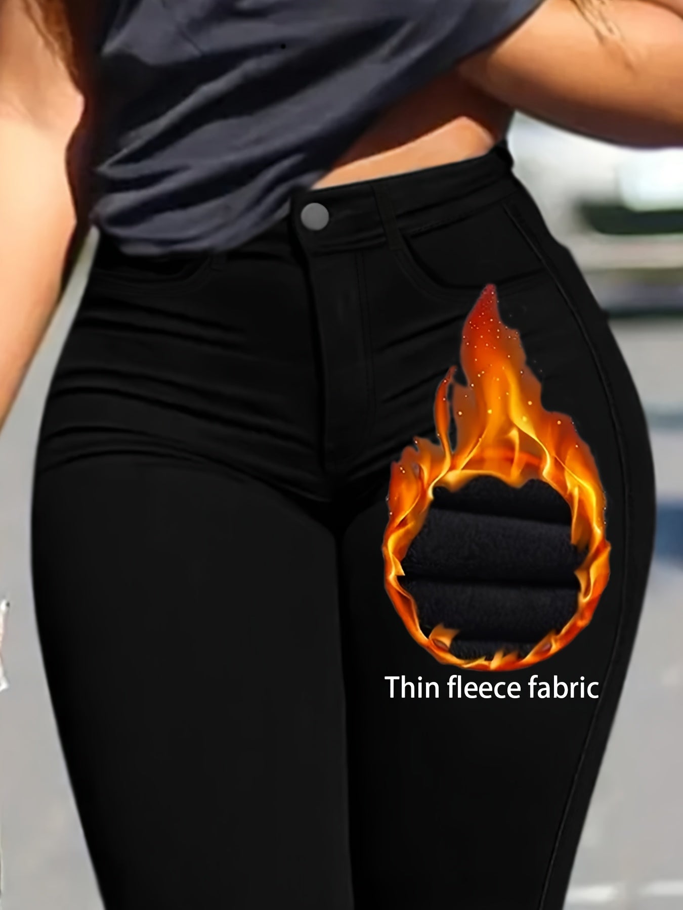 Women's Plus Size Fleece-Lined Slim Fit Jeans Warm Winter Solid Color