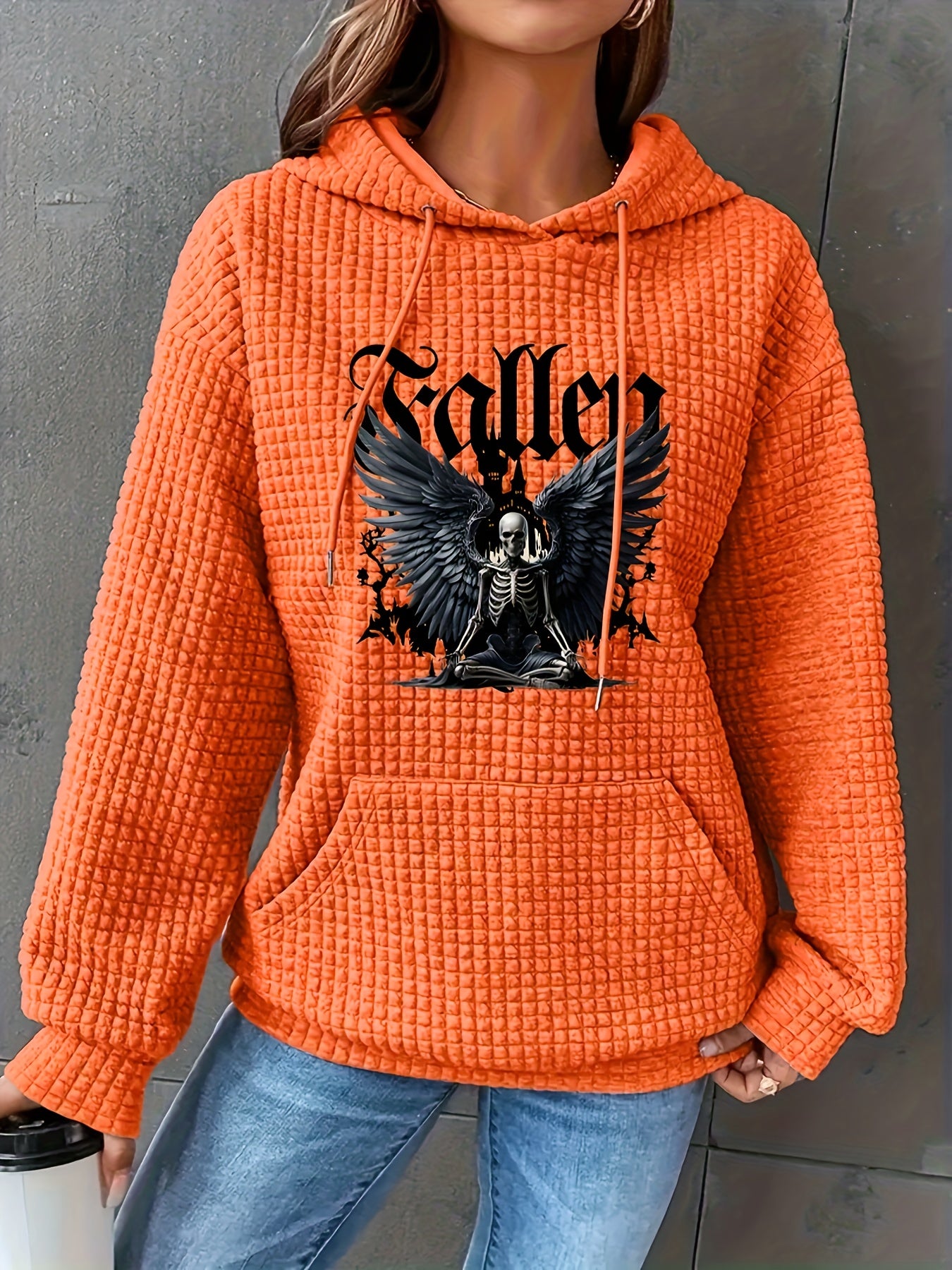 Plus Size Women's Hoodie Black Skull Wings Print Polyester Pullover Fall Winter