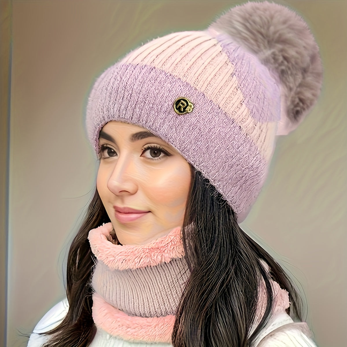 Women's Fleece-Lined Knit Beanie and Scarf Set Warm Winter Hat and Neck Warmer