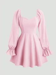 Pink Polyester A-Line Dress with Ruffled Long Sleeves and Sweetheart Neckline for Spring Summer Fall