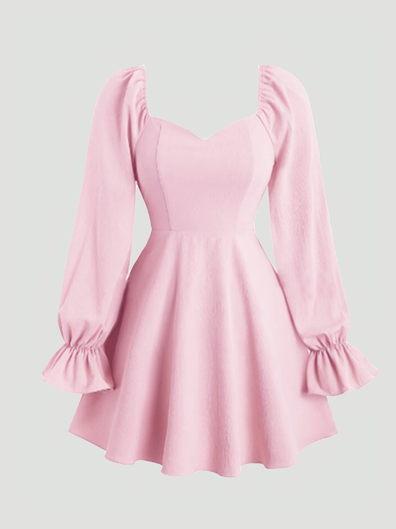 Pink Polyester A-Line Dress with Ruffled Long Sleeves and Sweetheart Neckline for Spring Summer Fall