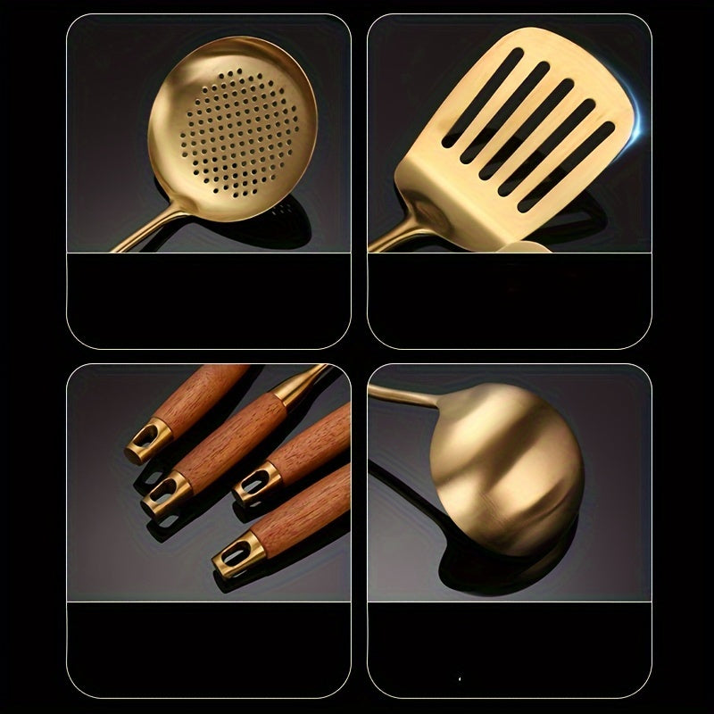 Set of 6 Golden Stainless Steel Kitchen Utensils Spatula Ladle Slotted Turner
