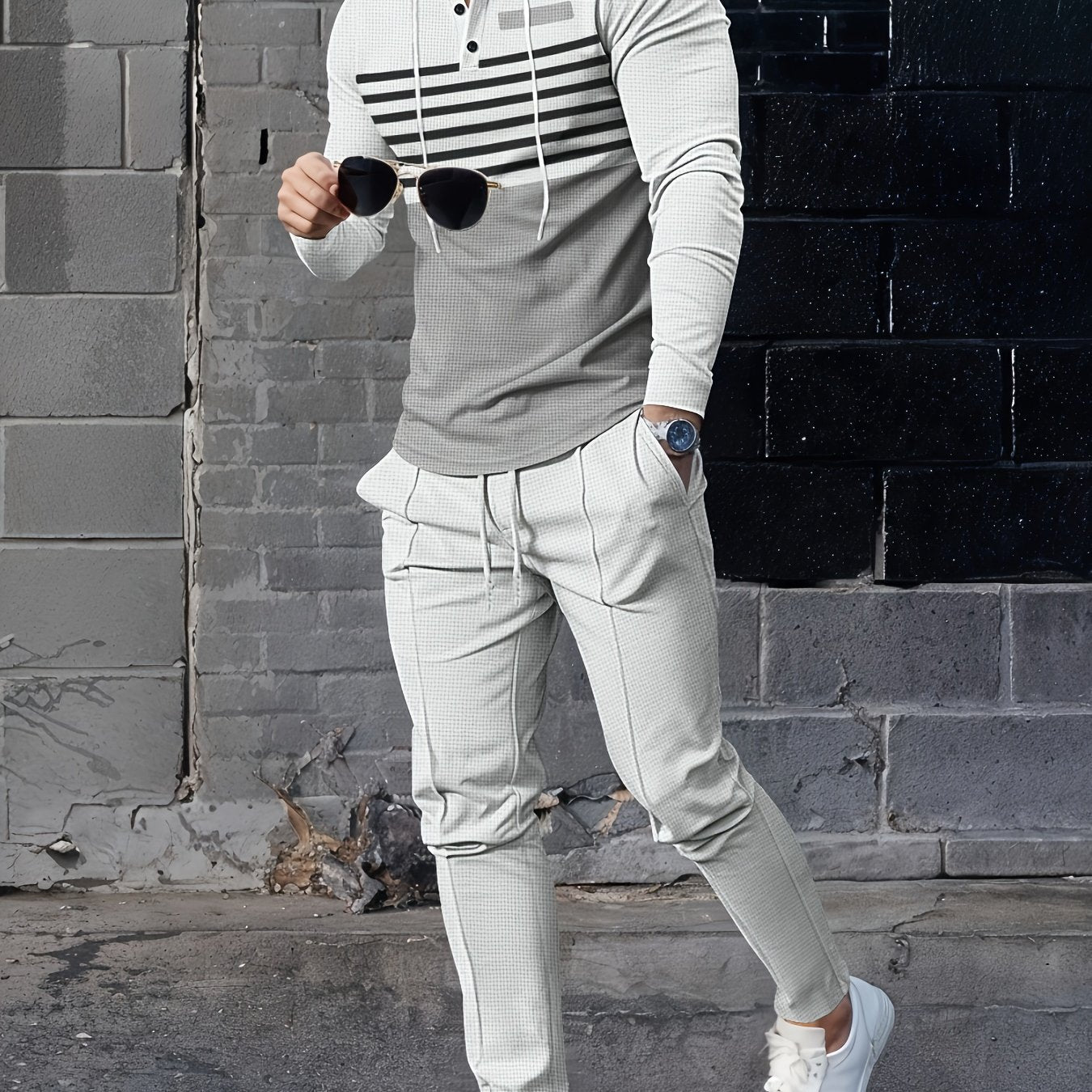 Autumn Waffle Striped Hooded Tracksuit Set for Outdoor Sports and Casual Wear