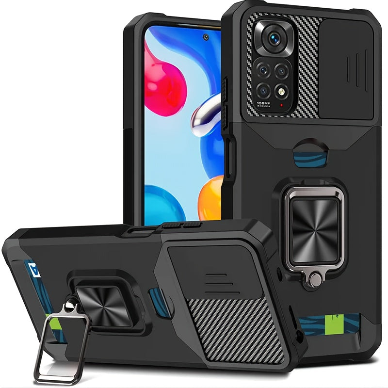 Heavy-Duty Shockproof Phone Case with Metal Stand and Card Slot for Redmi Note 13 Pro Plus 12 Pro 11 Pro