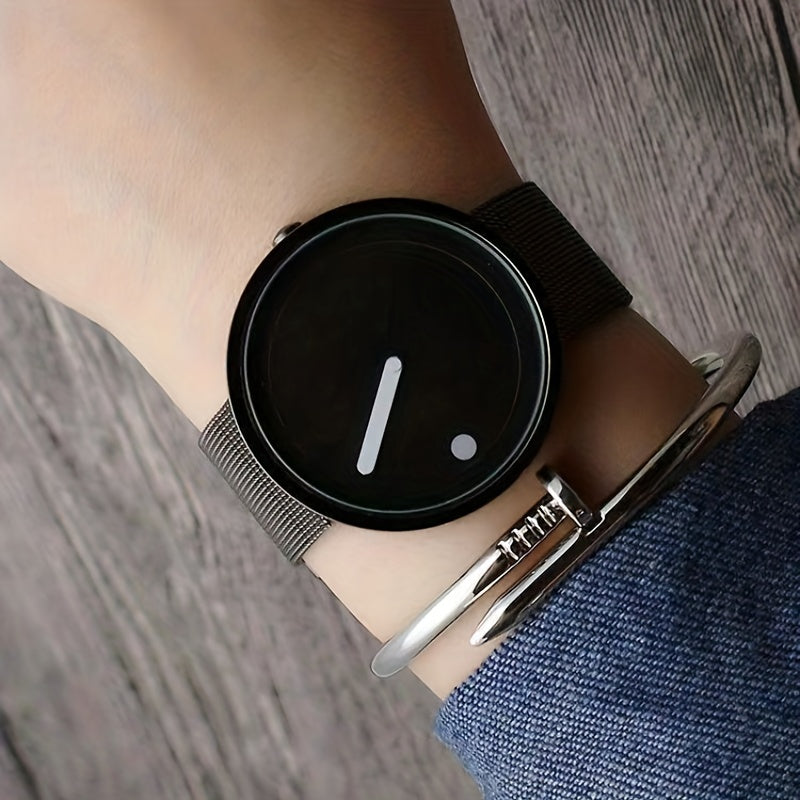 Minimalist Round Quartz Watch with Electronic Movement and Mesh Stainless Steel Band