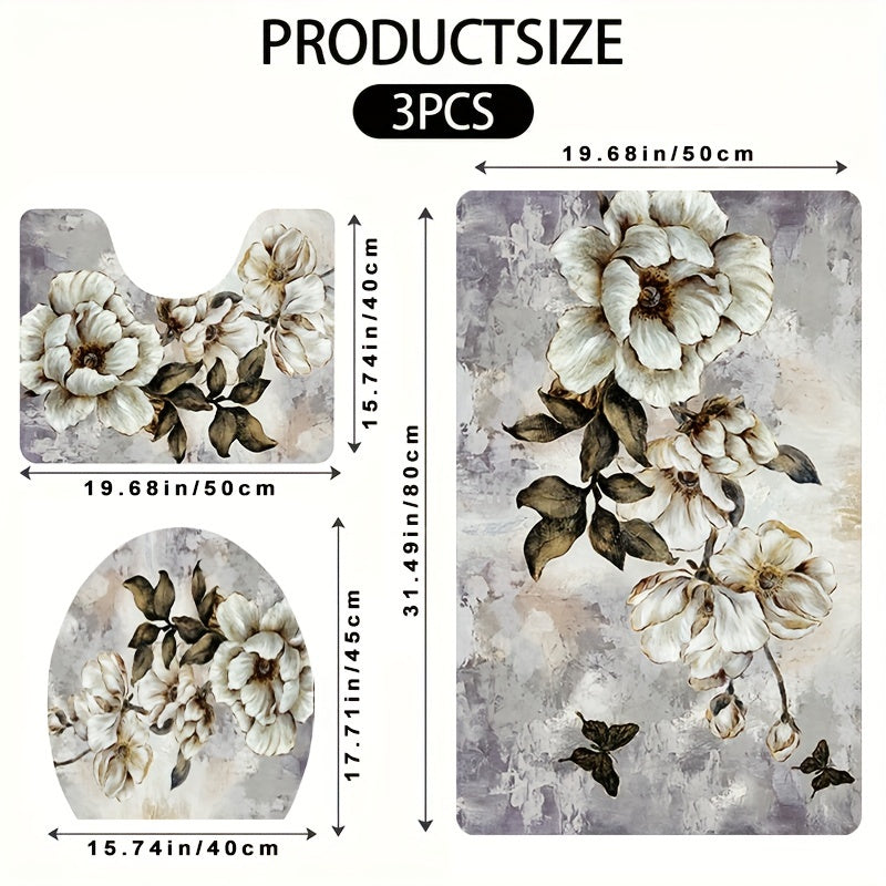 3 ta gul bilan bezatilgan hammom matosi to'plami, sirpanmaydigan, namlikka chidamli flanel, hojatxona qopqog'i bilan