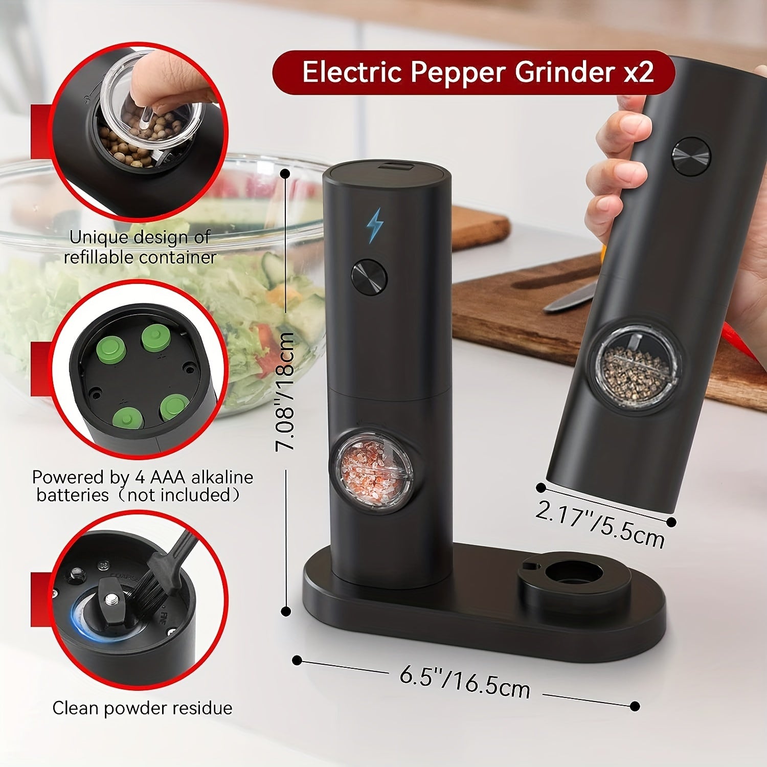 Electric Salt And Pepper Grinder Set With LED Light Adjustable Coarseness