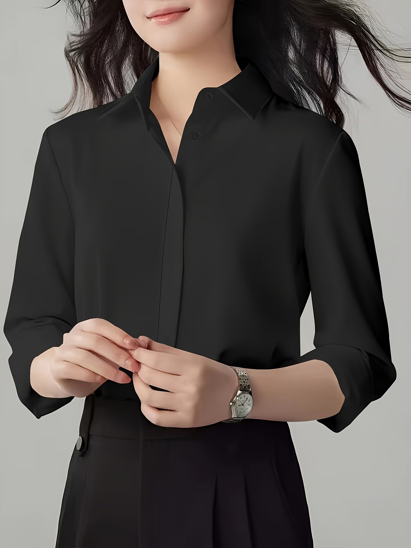 Women's Long Sleeve Shirt Polyester Solid Color Elegant French High-End 2024