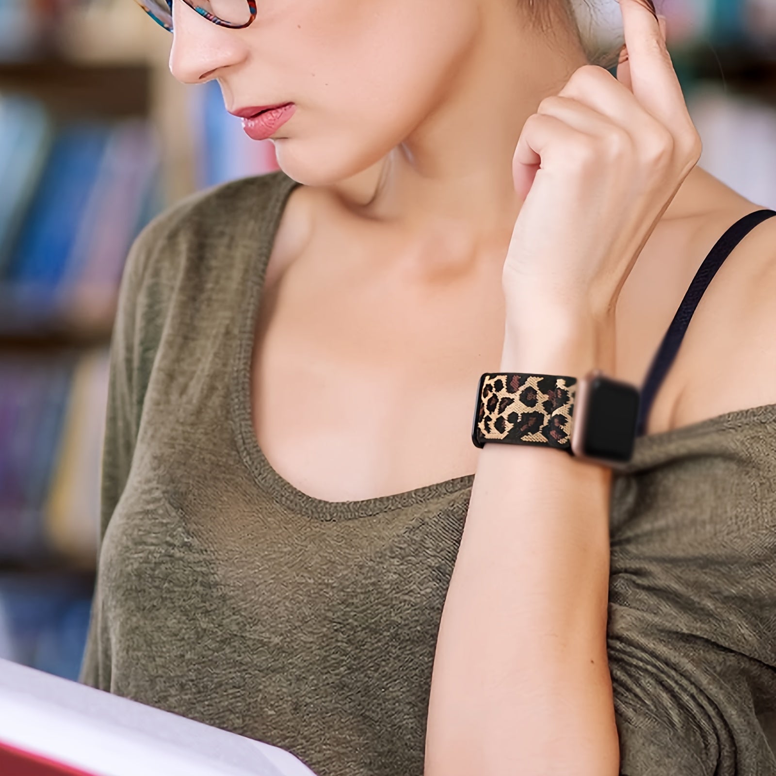 Nylon Braided Leopard Print Watch Band for Apple Watch Adjustable Size No Battery